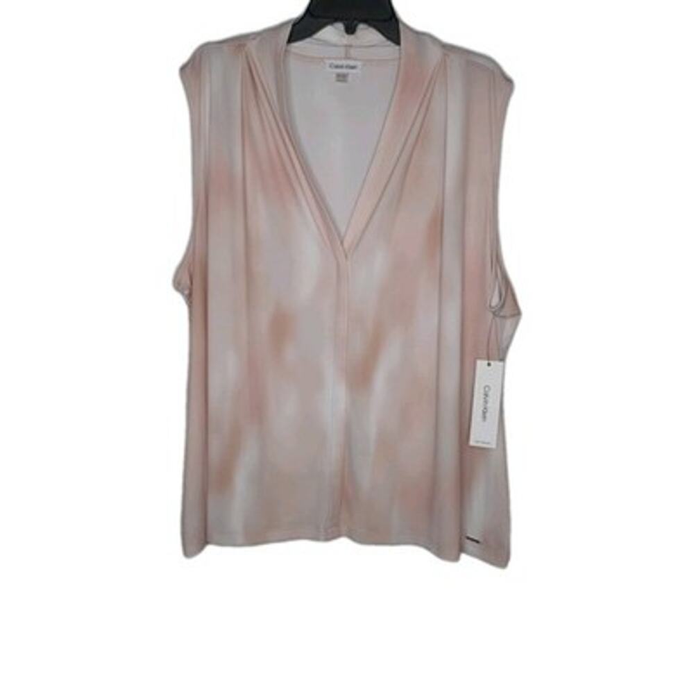 Calvin Klein Womens Peach White Tie Dye Blouse Shirt Top 3X Sleeveless Stretch V